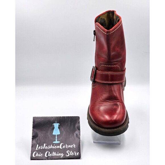 Fly London Women's Red  Leather Seku Wedge Buckled Ankle Boots Sz (5.5) 36 2907 - Picture 14 of 16